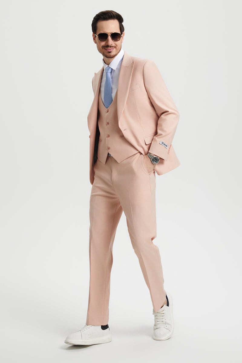 Men's Vested One Button Peak Lapel Stacy Adams Designer Suit in Blush Pink - Image 3