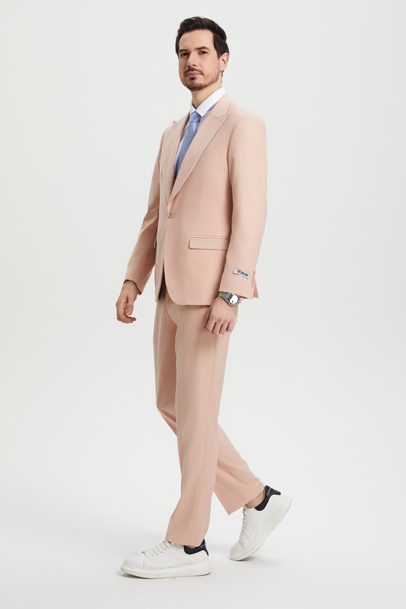 Men's Vested One Button Peak Lapel Stacy Adams Designer Suit in Blush Pink - Image 5