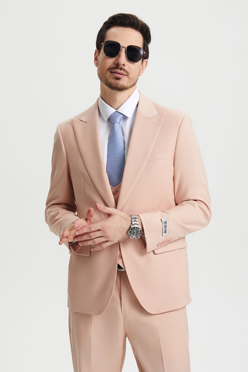 Men's Vested One Button Peak Lapel Stacy Adams Designer Suit in Blush Pink - Image 6