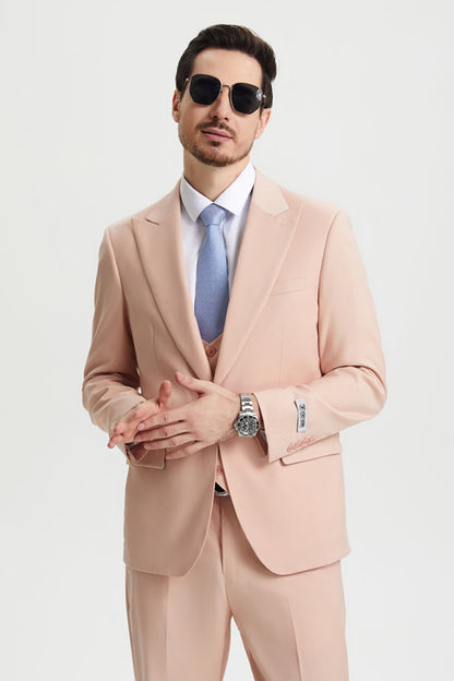 Men's Vested One Button Peak Lapel Stacy Adams Designer Suit in Blush Pink - Image 6
