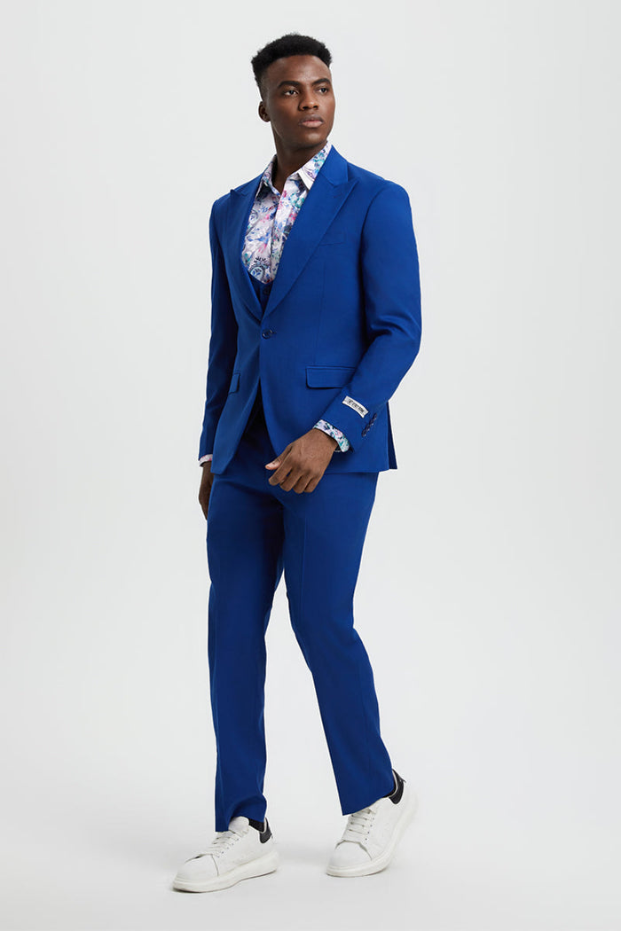 Men's Vested One Button Peak Lapel Stacy Adams Suit in Indigo Blue - Image 3