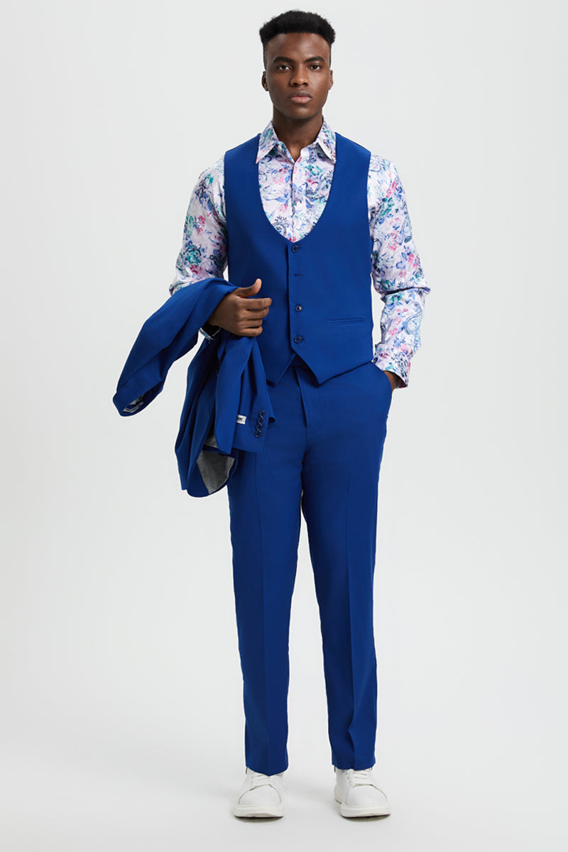 Men's Vested One Button Peak Lapel Stacy Adams Suit in Indigo Blue - Image 4