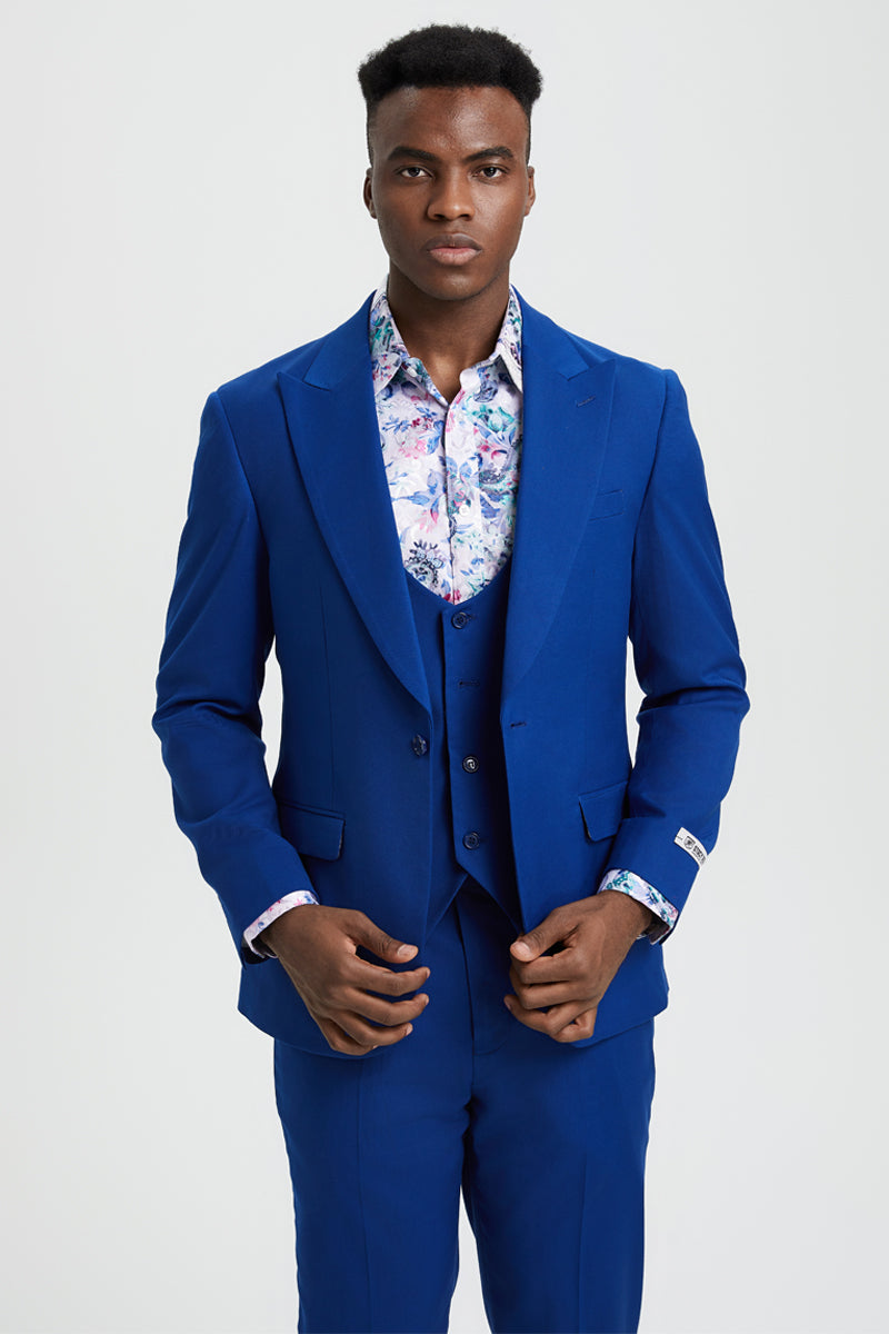 Men's Vested One Button Peak Lapel Stacy Adams Suit in Indigo Blue