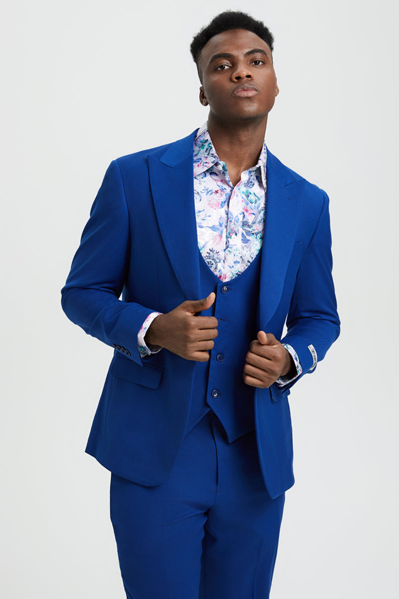 Men's Vested One Button Peak Lapel Stacy Adams Suit in Indigo Blue - Image 6