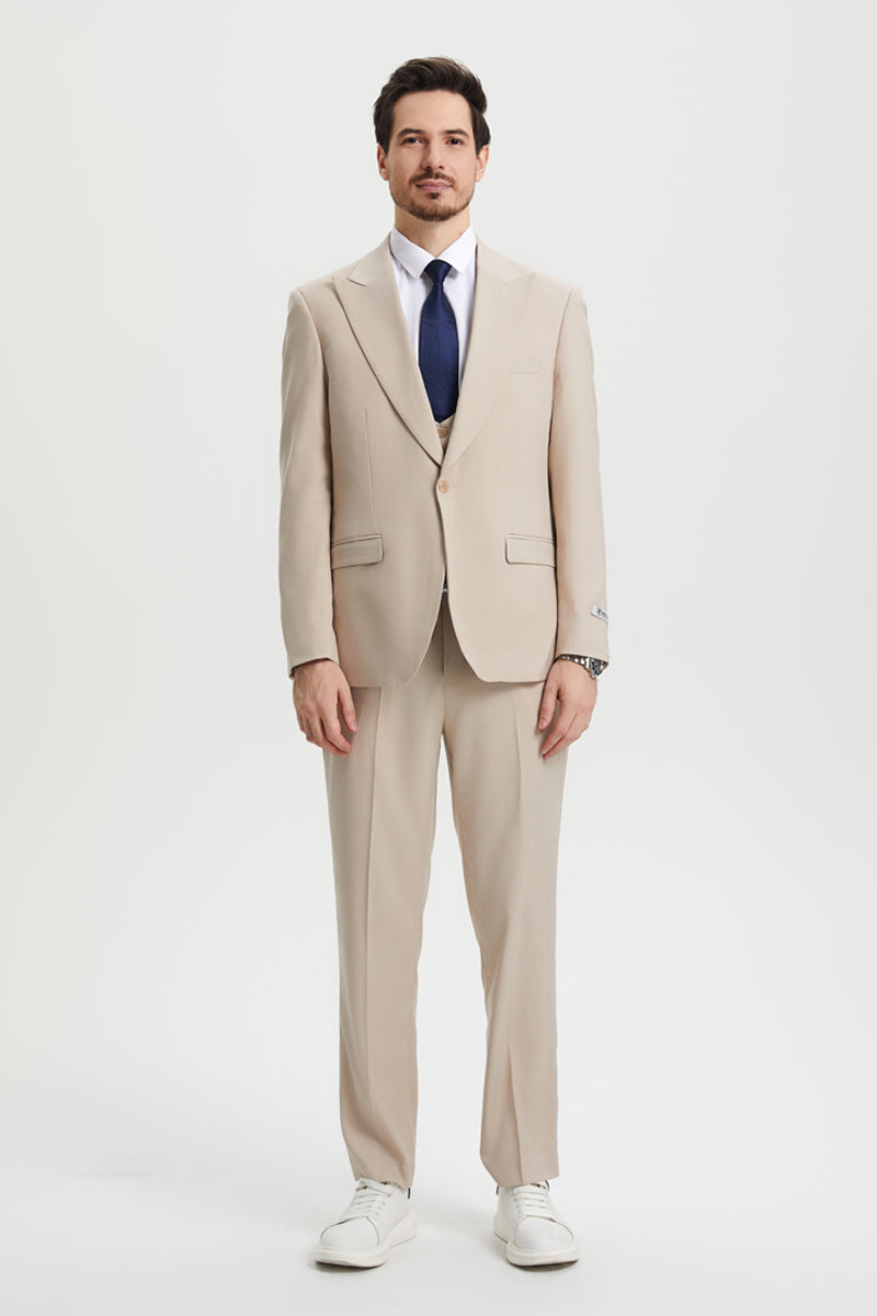 Men's Vested One Button Peak Lapel Stacy Adams Designer Suit in Tan - Image 2