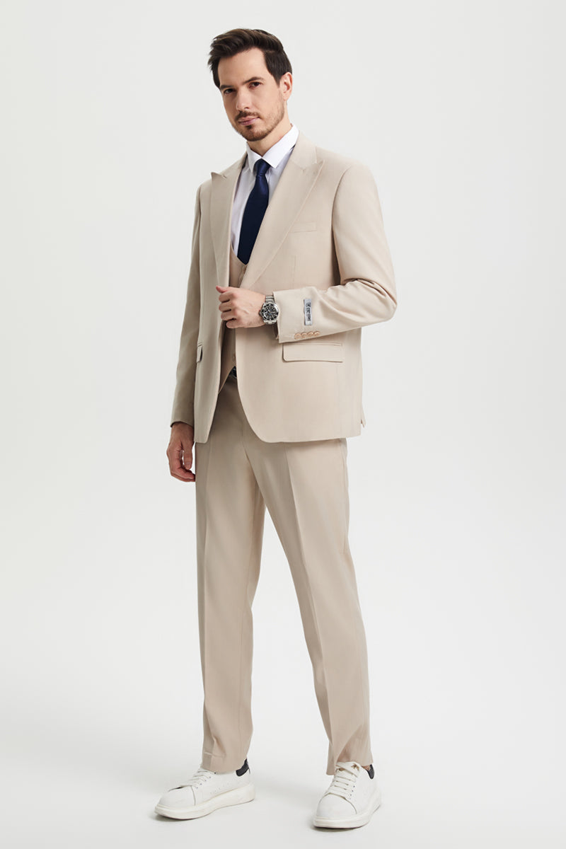 Men's Vested One Button Peak Lapel Stacy Adams Designer Suit in Tan - Image 3