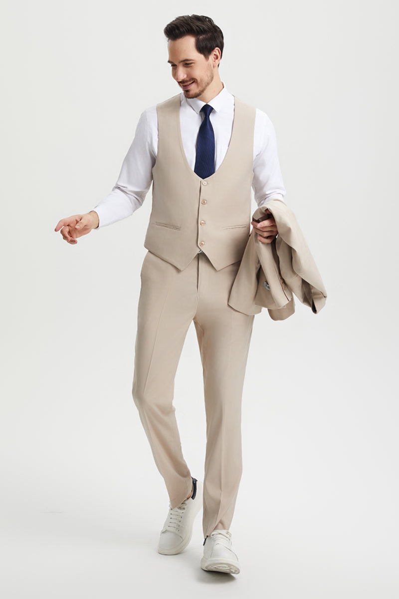 Men's Vested One Button Peak Lapel Stacy Adams Designer Suit in Tan - Image 5