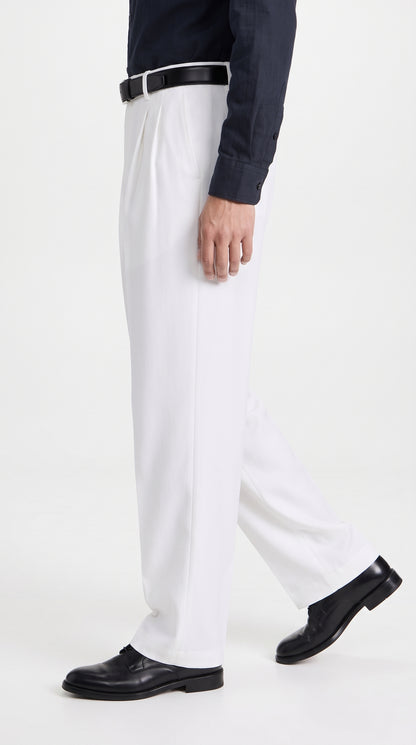 Men’s White Wide Leg Pleated Dress Pants, Baggy Fit Formal Slacks with Unhemmed Bottoms