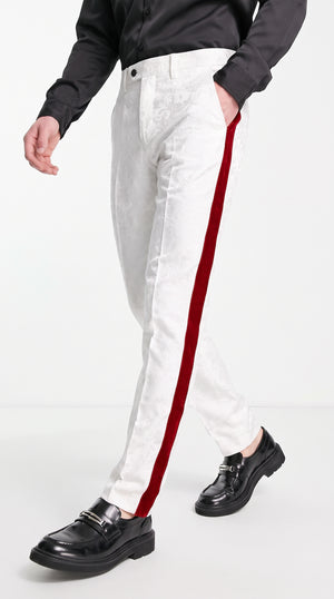 Men’s White Tuxedo Pants with Red Satin Side Stripe, Formal Wedding Prom Dress Trousers