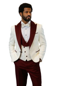 Hilton White and Burgundy Paisley Peak Lapel Tuxedo Jacket with Matching Shawl Vest and Wool Pants – Includes Bow Tie