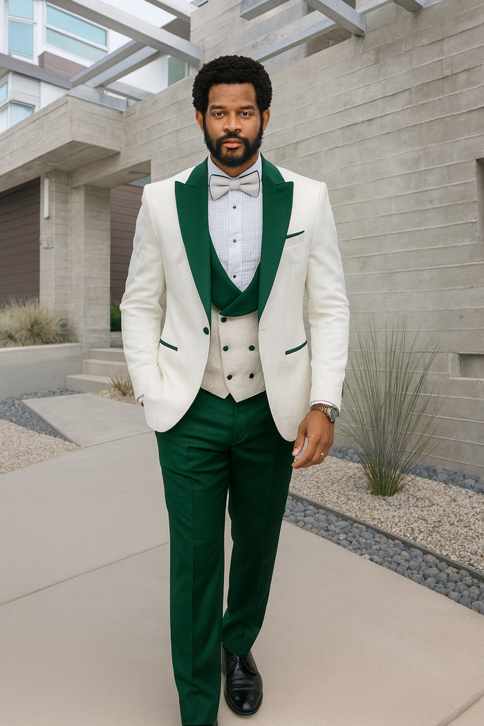 Hilton White and Hunter Green Paisley Peak Lapel Tuxedo Jacket with Matching Shawl Vest and Wool Pants – Includes Bow Tie - Image 3