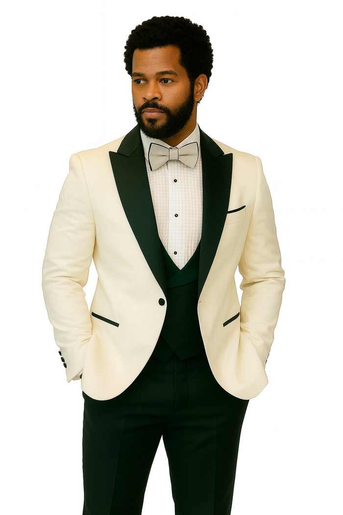 Hilton White and Black Paisley Peak Lapel Tuxedo Jacket with Matching Shawl Vest and Wool Pants – Includes Bow Tie - Image 2