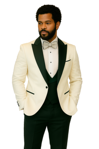 Hilton White and Black Paisley Peak Lapel Tuxedo Jacket with Matching Shawl Vest and Wool Pants – Includes Bow Tie