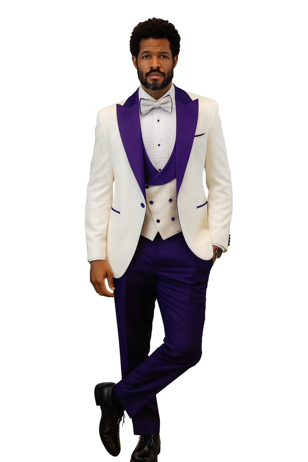 Hilton White and Purple Paisley Peak Lapel Tuxedo Jacket with Matching Shawl Vest and Wool Pants – Includes Bow Tie - Image 6