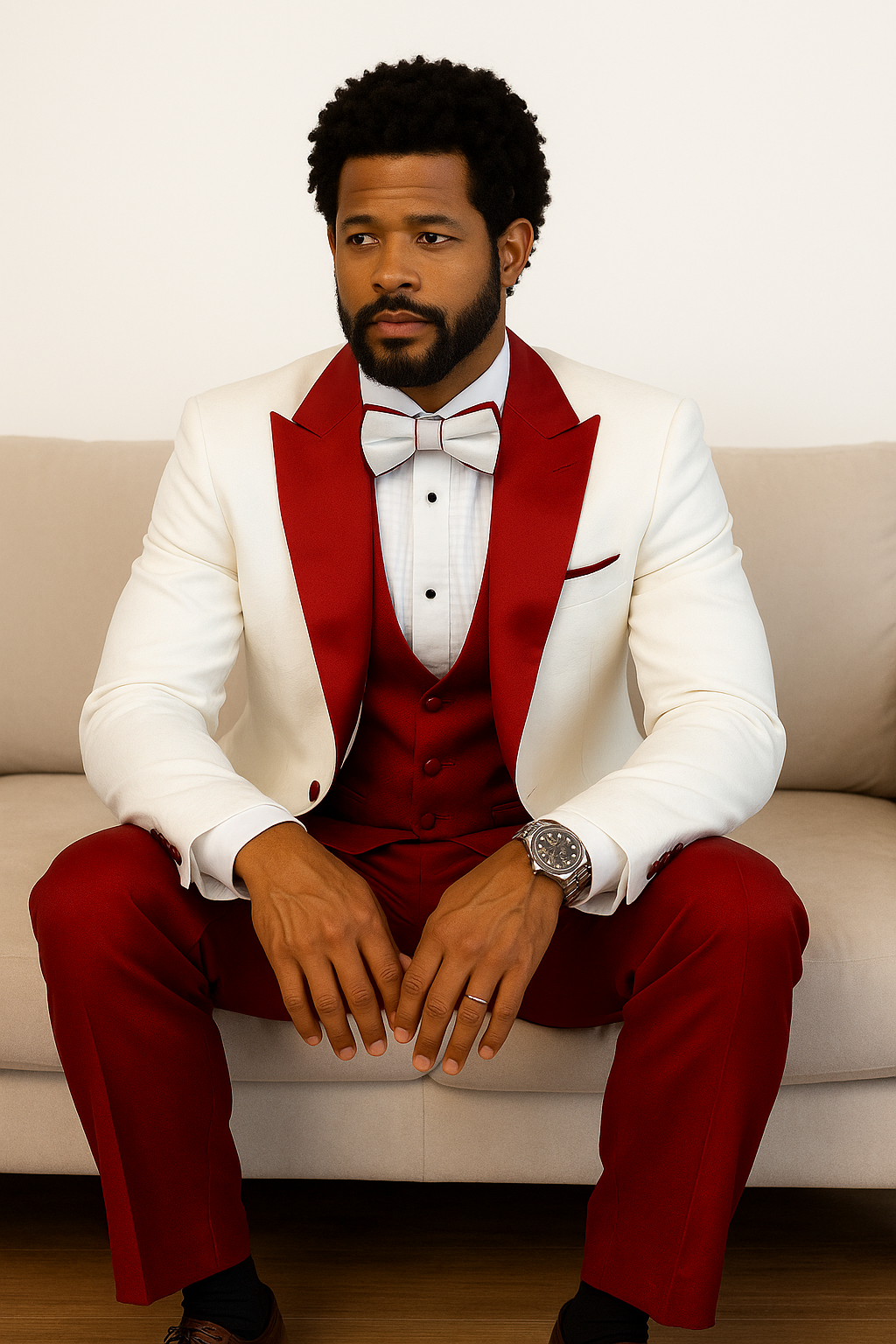 Hilton White and Red Paisley Peak Lapel Tuxedo Jacket with Matching Shawl Vest and Wool Pants – Includes Bow Tie - Image 5