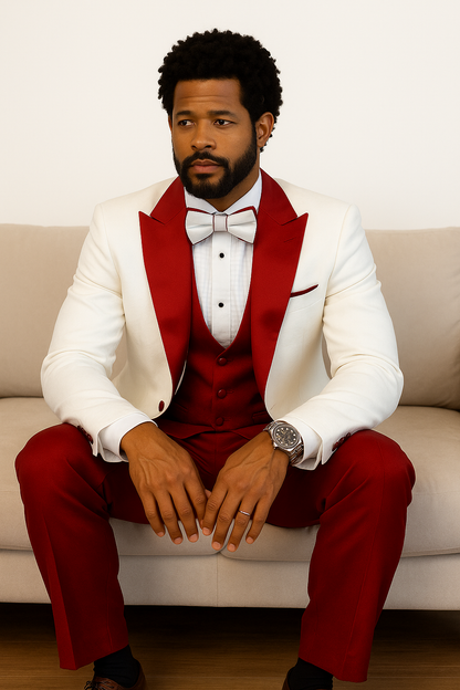 Hilton White and Red Paisley Peak Lapel Tuxedo Jacket with Matching Shawl Vest and Wool Pants – Includes Bow Tie - Image 5