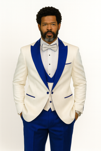 Hilton White and Royal Blue Paisley Peak Lapel Tuxedo Jacket with Matching Shawl Vest and Wool Pants – Includes Bow Tie