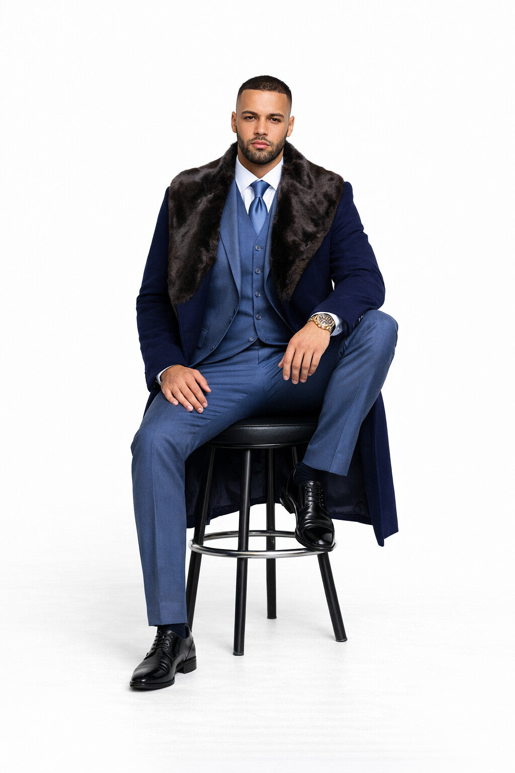 Dark Navy Blue Overcoat ~ Long Men's Dress Topcoat -  Winter coat With Fur Collar in and Fabric - Image 4