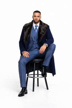 Dark Navy Blue Overcoat ~ Long Men's Dress Topcoat -  Winter coat With Fur Collar in and Fabric - Image 4