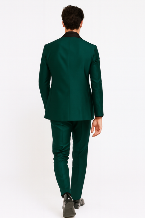 Mens Emerald Green Tuxedo with Black Satin Shawl Lapel – 3 Piece Formal Suit with Vest