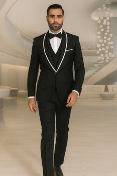 Men's Trimmed Shawl Lapel Blazer Dinner Jacket Black Vested Sport Coat - Image 3