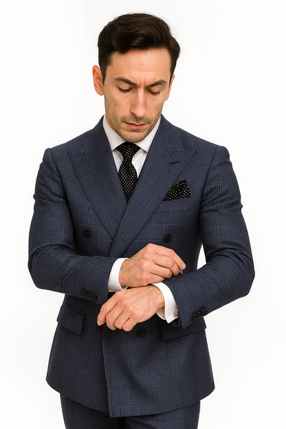 Mens Italian Wool Suit Color Sapphire - Men's Designer Classic Fit Double Breasted Wool Sapphire Blue Suit - Image 5