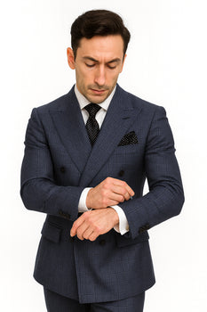 Mens Italian Wool Suit Color Sapphire - Men's Designer Classic Fit Double Breasted Wool Sapphire Blue Suit - Image 5