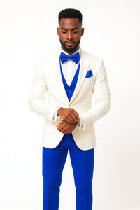 White and Royal Blue Tuxedo Wedding Suit - White Dinner Jacket + Vest + Pants + Bow-tie