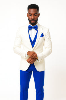 White and Royal Blue Tuxedo Wedding Suit - White Dinner Jacket + Vest + Pants + Bow-tie White and Royal Blue / 44 Long Jacket+38 Waist Adjust 34 to 40 White and Royal Blue Tuxedo Wedding Suit - White Dinner Jacket + Vest + Pants + Bow-tie White and Royal Blue / 44 Long Jacket+38 Waist Adjust 34 to 40