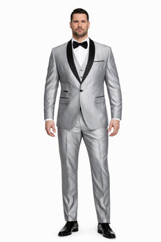 Men'S Shiny Sharkskin Tuxedo Silver Gray ~ Light Grey Black Lapel Two Toned Vested Tuxedo - Mens Grey And Black Tuxedo Wedding - Charcoal Grey Tuxedo - Image 7