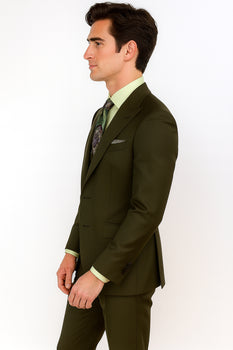 Classic Wool Fabric Fit - Pleated Pants - Peak Lapel With Double Breasted Vest - Athletic Fit Solid Olive Mens Suit - Image 4