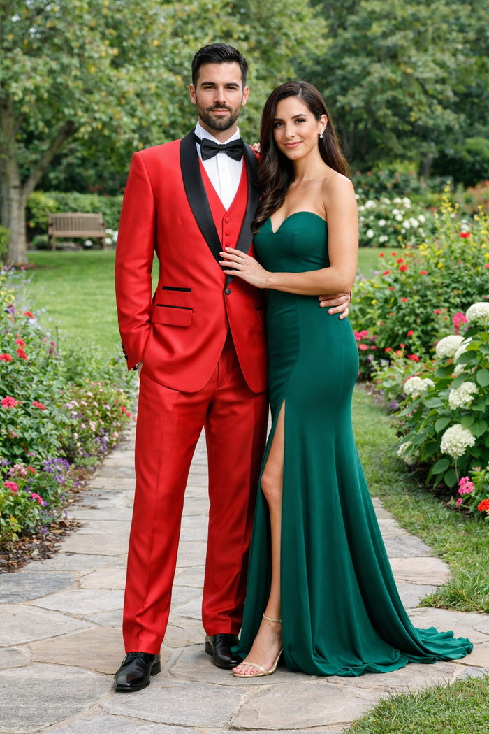 Red Shiny Tuxedo Vested Suit - Sateen Sharkskin Fabric Groom Suit