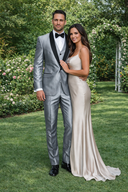 Silver Shiny Tuxedo Vested Suit - Sateen Sharkskin Fabric Groom Suit
