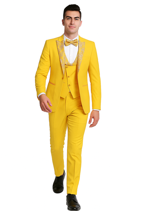 Radiant Golden Bloom Mens 3-Piece Suit with Floral Peak Lapel