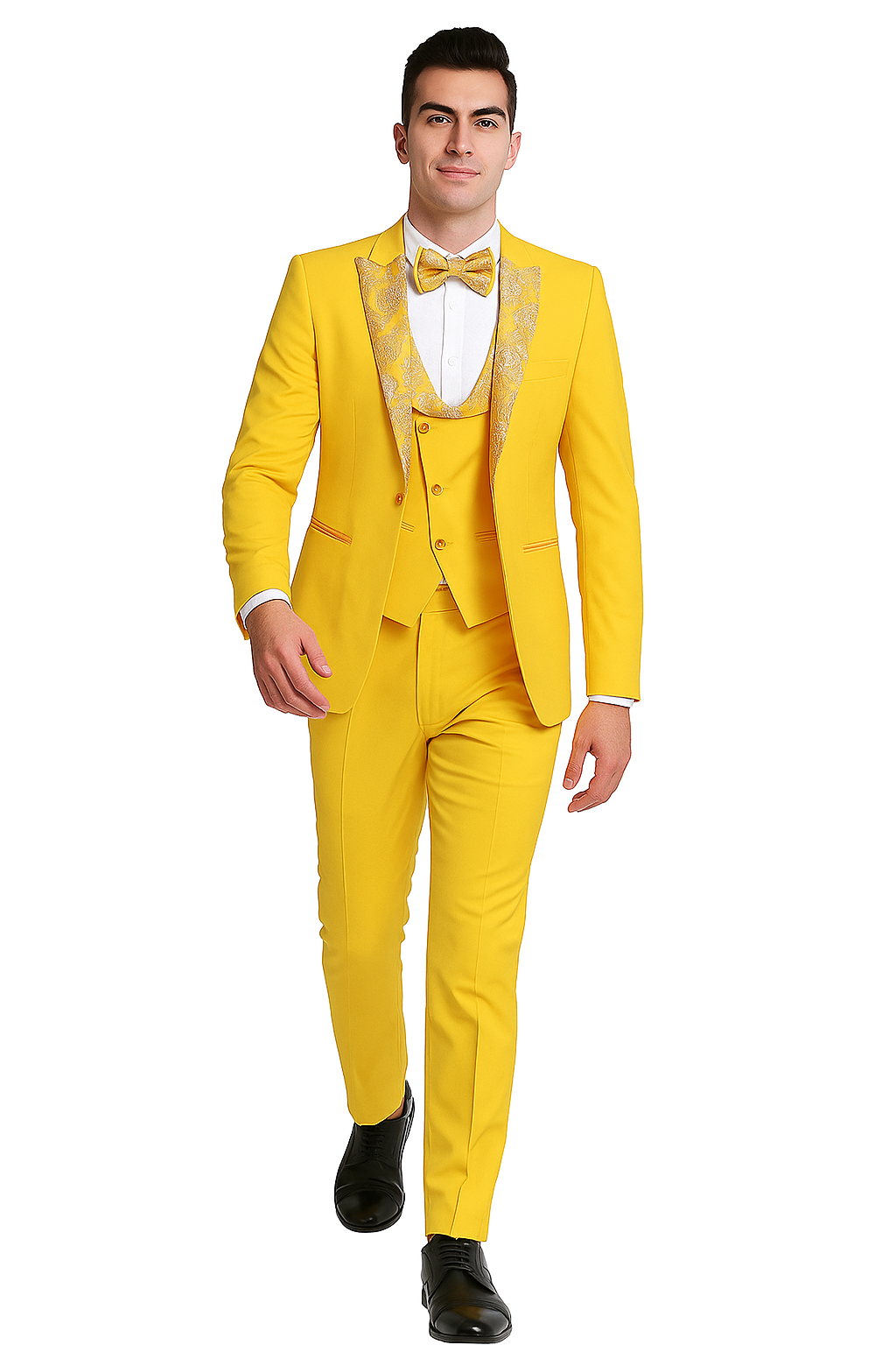 Radiant Golden Bloom Mens 3-Piece Suit with Floral Peak Lapel Modern Fit