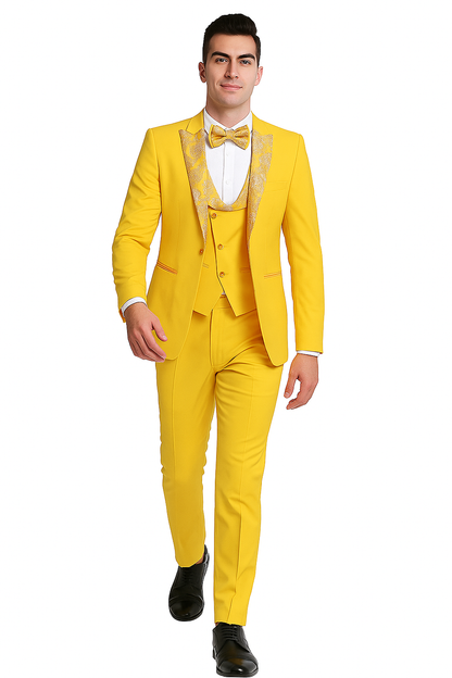 Radiant Golden Bloom Mens 3-Piece Suit with Floral Peak Lapel Modern Fit