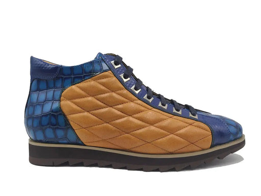 Mens Exotic Sneakers - Alligator Sneakers By Brand  in Color Chestnut / Black / Blue Cognac