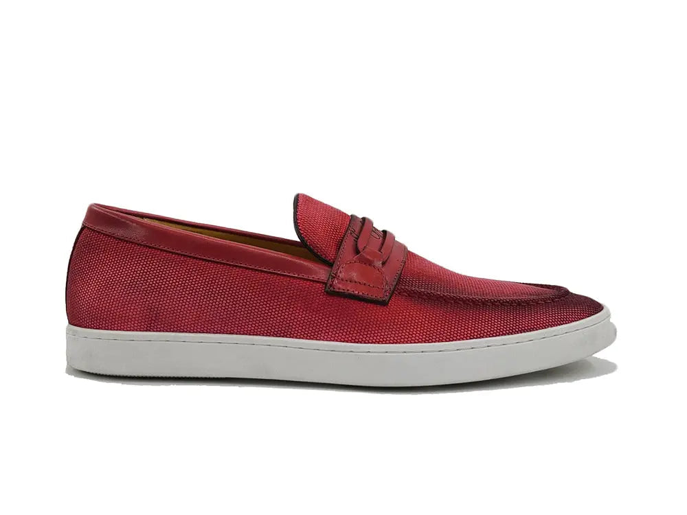 Embossed Leather Strap Linen Sneaker - Image 4