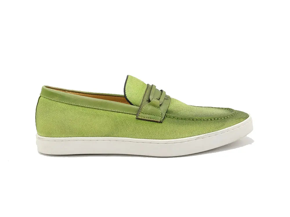 Embossed Leather Strap Linen Sneaker - Image 9
