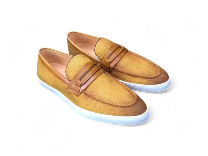 Embossed Leather Strap Linen Sneaker - Image 2