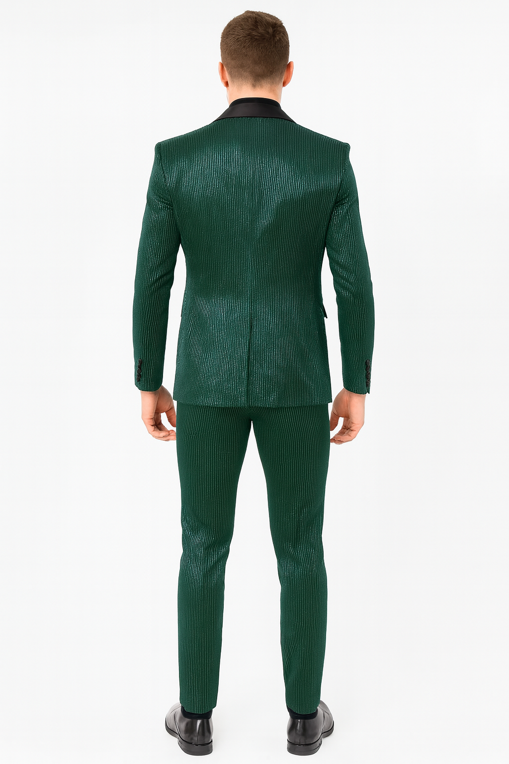 Mens Emerald Green Shiny Stripe Tuxedo Suit – Slim Fit 2-Piece Satin Lapel Dinner Jacket and Pants Ultra slim fit - Image 4