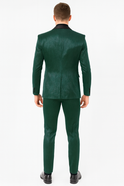 Mens Emerald Green Shiny Stripe Tuxedo Suit – Slim Fit 2-Piece Satin Lapel Dinner Jacket and Pants Ultra slim fit - Image 4
