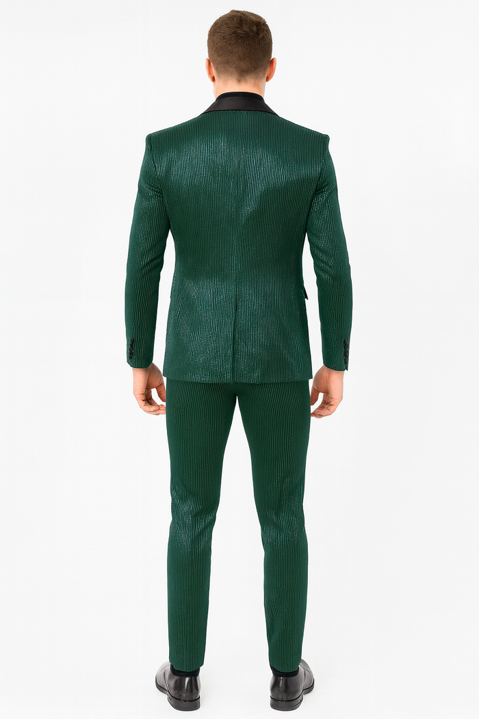 Mens Emerald Green Shiny Stripe Tuxedo Suit – Slim Fit 2-Piece Satin Lapel Dinner Jacket and Pants Ultra slim fit - Image 4
