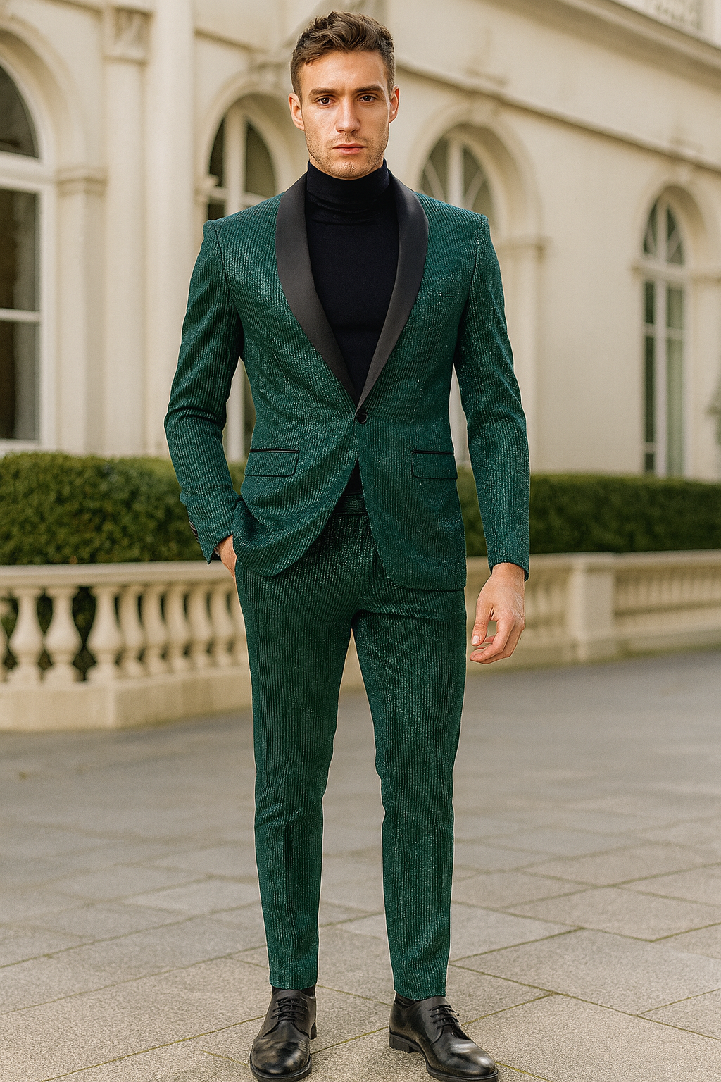 Mens Emerald Green Shiny Stripe Tuxedo Suit – Slim Fit 2-Piece Satin Lapel Dinner Jacket and Pants Ultra slim fit - Image 5