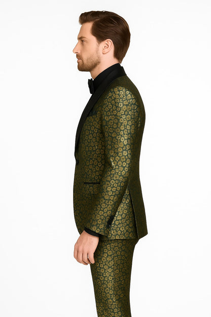Emerald Green and Gold Floral Tuxedo Suit for Men Perfect Prom or Wedding Suit - Image 3