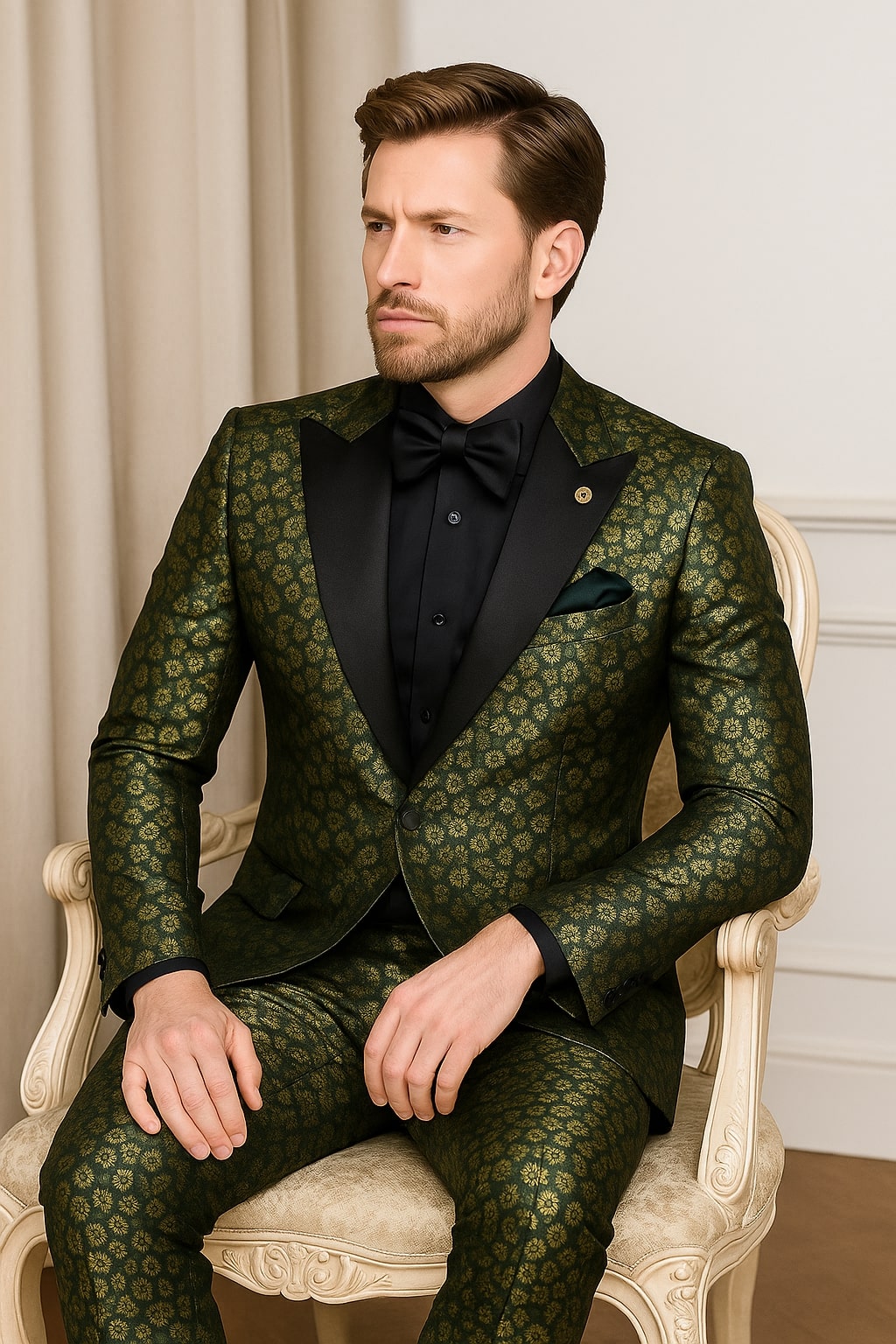 Emerald Green and Gold Floral Tuxedo Suit for Men Perfect Prom or Wedding Suit - Image 2