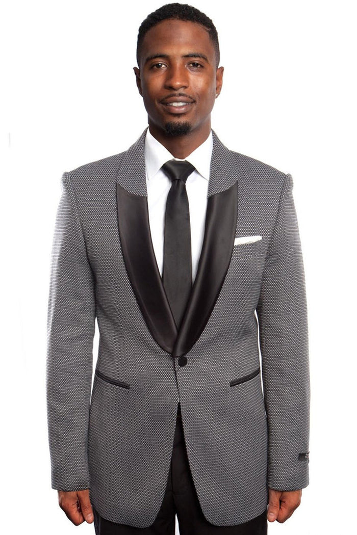 Mens Black Blazer - Men's One Button Half Satin Shawl Lapel Mico Check Blazer in Black