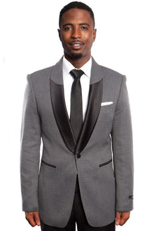 Mens Black Blazer - Men's One Button Half Satin Shawl Lapel Mico Check Blazer in Black