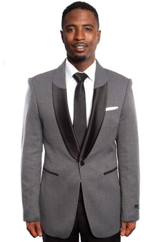 Mens Black Blazer - Men's One Button Half Satin Shawl Lapel Mico Check Blazer in Black