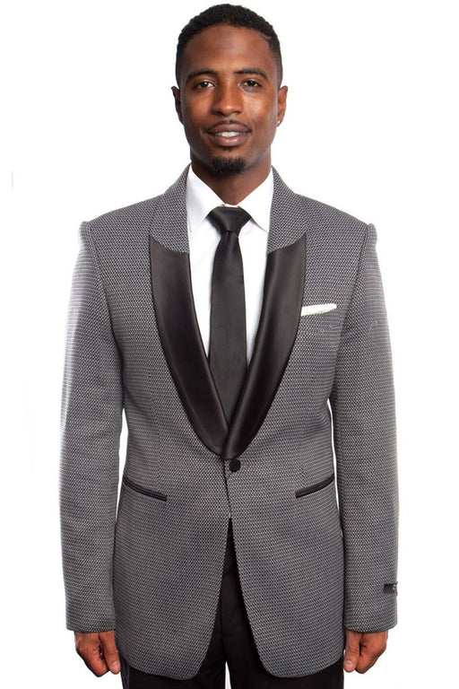 Mens Black Blazer - Men's One Button Half Satin Shawl Lapel Mico Check Blazer in Black